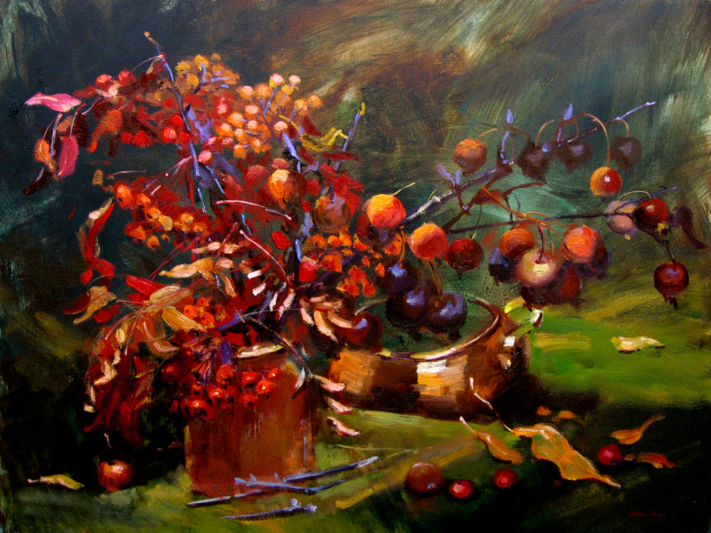 Art by Marina Zavalova. Autumn's bounty: a vivid impressionist oil painting of a rustic basket overflowing with colorful fall foliage and ripe, red berries, set against a moody, dark background that accentuates the warmth of