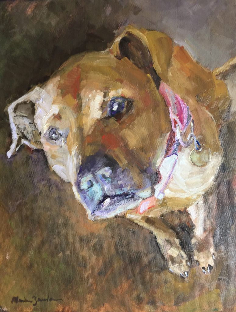Art by Marina Zavalova. Vibrant brushstrokes capture the essence of a contemplative canine in a modern impressionist oil painting by Marina Zavalova.