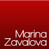 Art by Marina Zavalova. The image displays a minimalistic logo with the name "Marina Zavalova," an impressionist Russian artist, in a sans-serif font, set against a deep red background.