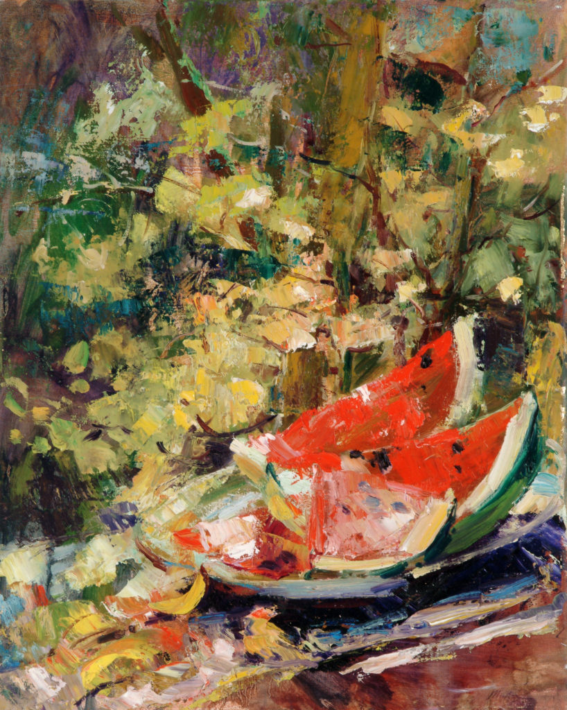 Art by Marina Zavalova. An impressionist, vibrant impasto painting of a boat amidst lush foliage, where the brush strokes capture the dynamic play of light and color.