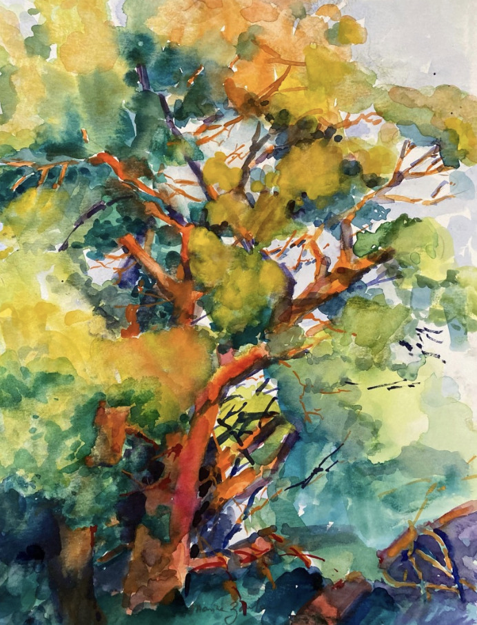 Art by Marina Zavalova. A vibrant watercolor painting capturing the dynamic hues and lively essence of a sunlit tree, with a harmonious interplay of light and color, by original fine art artist Marina Zavalova.