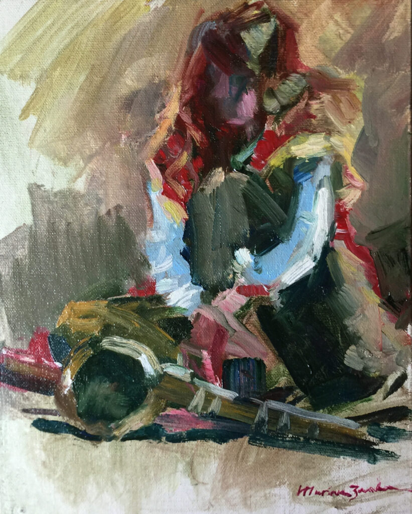 Art by Marina Zavalova. Colorful impressionist painting of a person lounging with a guitar, rendered in bold, expressive brushstrokes, capturing the essence of plein air.