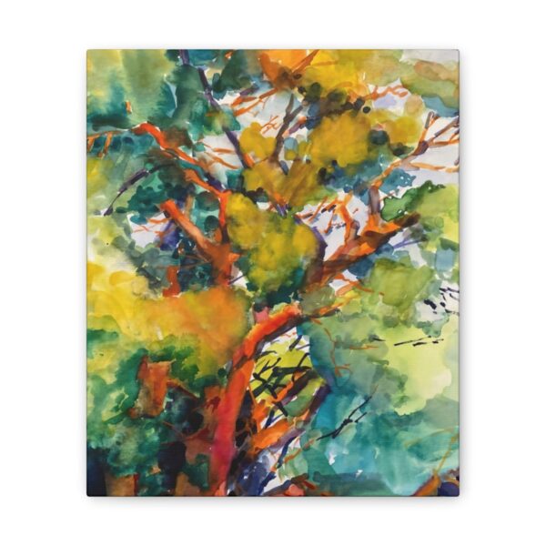 Art by Marina Zavalova. Patriarch": an original fine art watercolor painting by Marina Zavalova, capturing a tree in mid-autumn splendor with warm orange and red hues clashing against cool greens and blues.