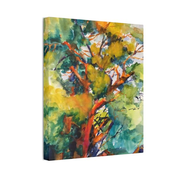 Art by Marina Zavalova. A vibrant "Patriarch" watercolor painting on canvas stretched print, reflecting Russian impressionist influences, depicts an abstract interpretation of a colorful forest with lush trees in an array of green, yellow, and orange hues.