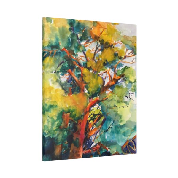 Art by Marina Zavalova. Vivid "Patriarch" watercolor painting of a lush tree with a burst of autumnal colors, displayed on a canvas with a side view showcasing the thickness of the gallery wrap. This original fine art piece captures the