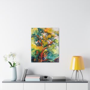 Art by Marina Zavalova. A colorful abstract painting by Marina Zavalova, a Russian impressionist, hangs on a pristine white wall above a "Patriarch" Watercolor - Canvas Stretched Print, which is adorned with a stylish yellow lamp, a vase with white