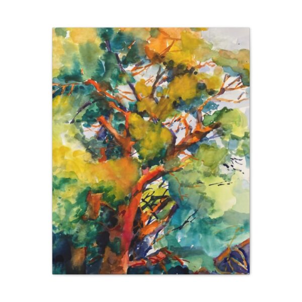 Art by Marina Zavalova. An original fine art watercolor painting by Marina Zavalova, capturing the essence of a sun-drenched tree with a flurry of green and yellow leaves, highlighted by fiery orange and red branches.